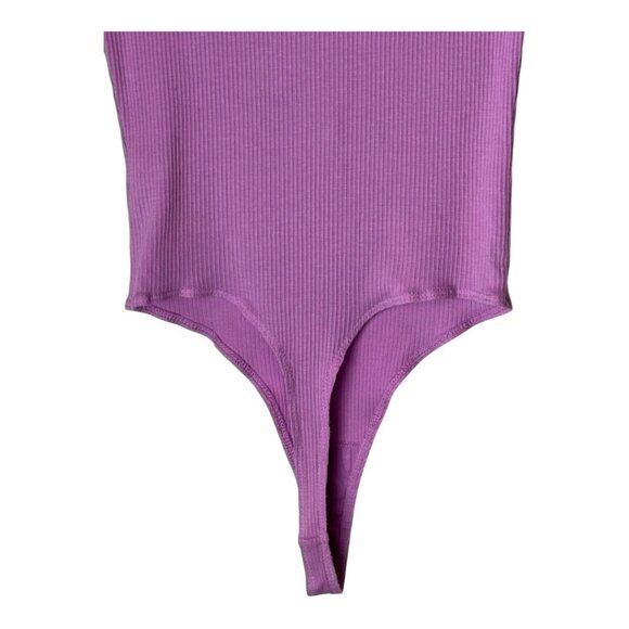 Monrow Bodysuit Women XS Purple Ribbed Crew Henley Neck Short Sleeve Pull-On - Picture 7 of 11